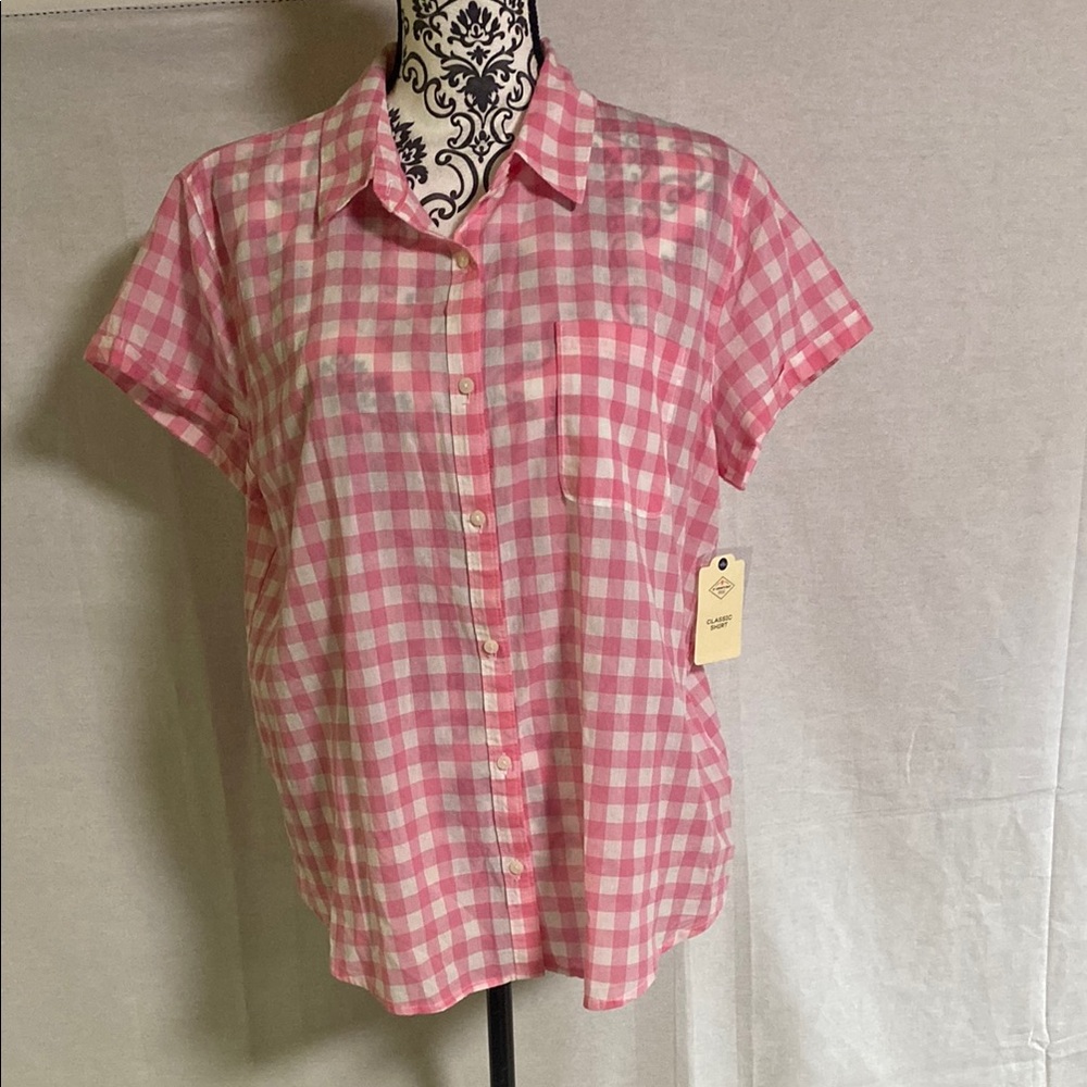 St John’s Bay Pink and White Picnic Gingham Cotton Button up Classic Top Large